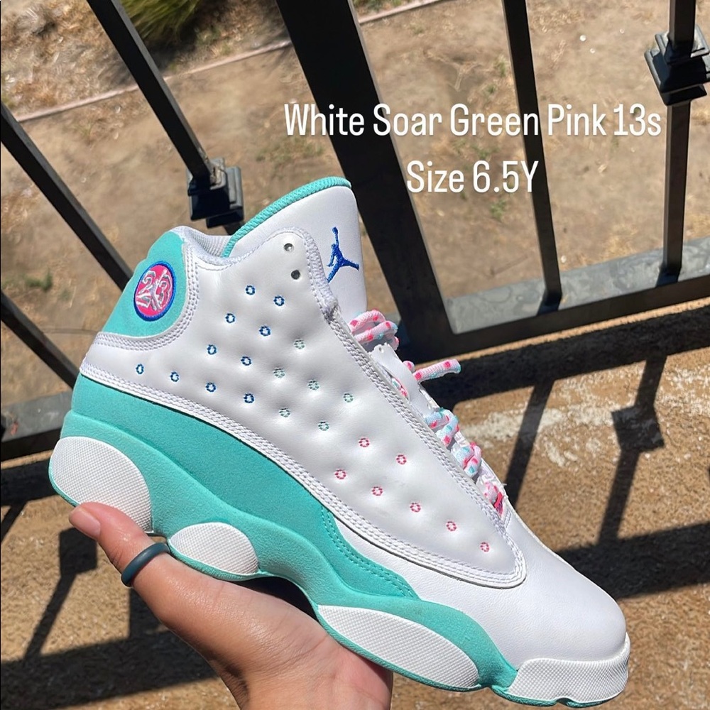 White soar green pink 13s